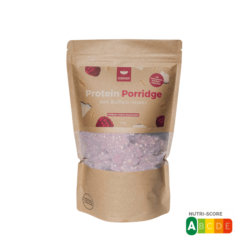 Protein Porridge mit Buffalo-Insekt in der Geschmacksrichtung Himbeere-Kokos